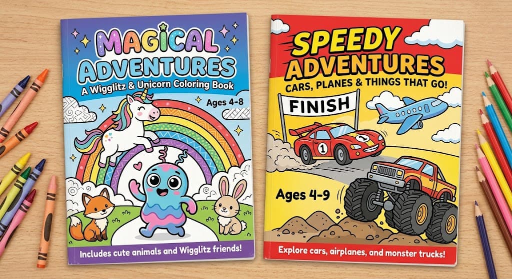 The Magical Adventures and Speedy Adventures coloring-book covers shown side by side.